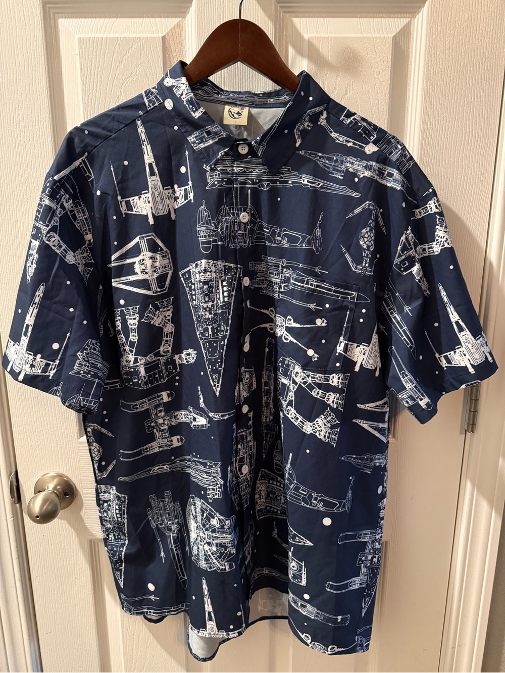 Men's Navy Blue Short-Sleeve Button-Up Shirt with White Starship Print